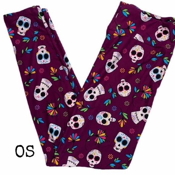LuLaRoe Purple Skull and Floral Leggings - Picture 1 of 1